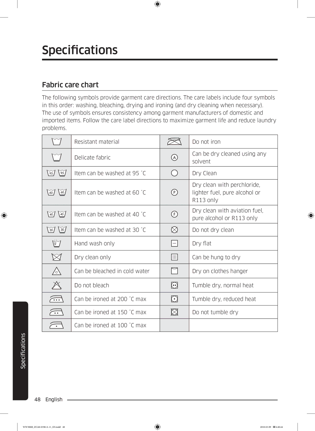 Samsung WW60J3080LW1LE manual Specifications, Fabric care chart 