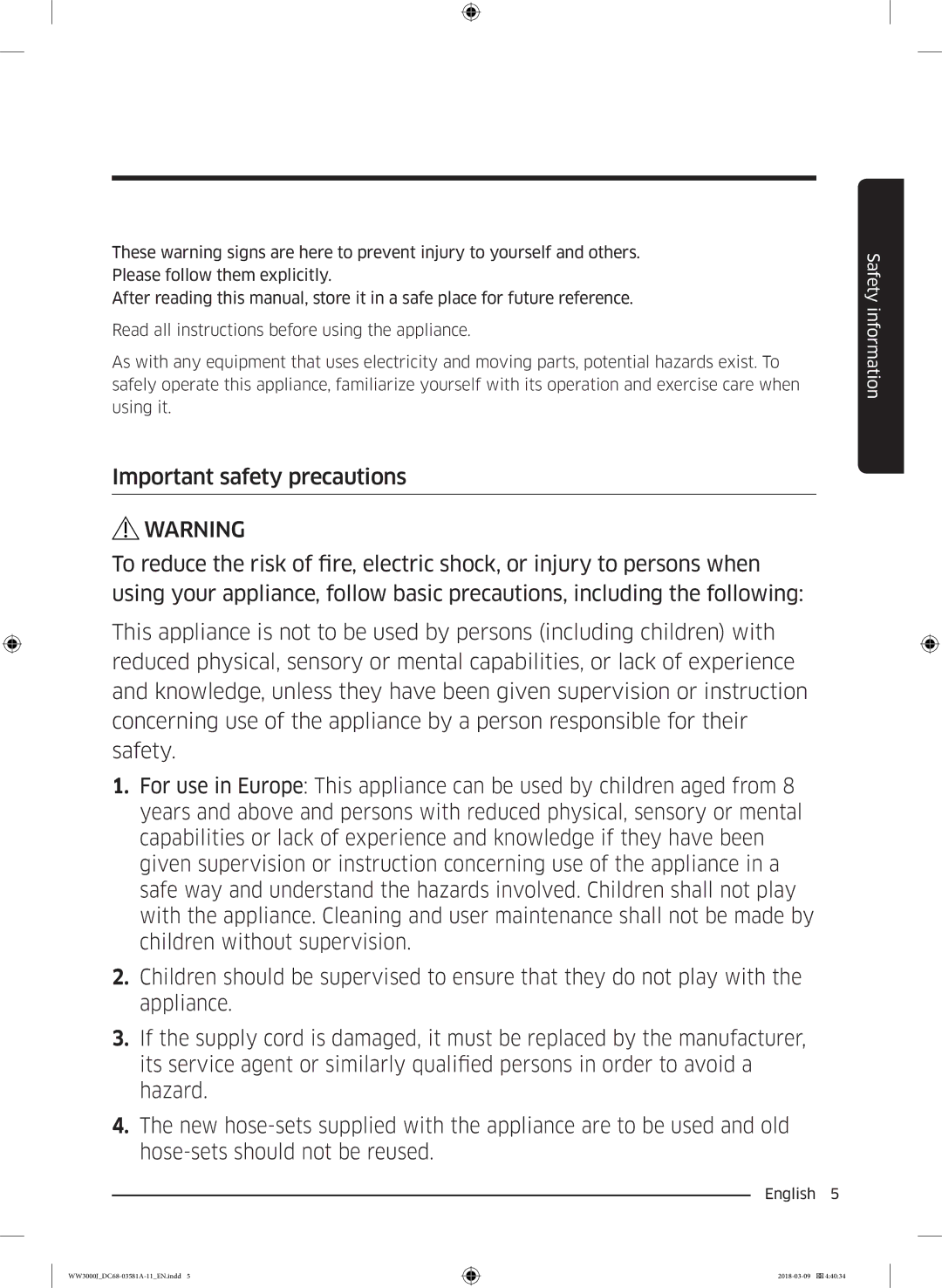 Samsung WW60J3080LW1LE manual Safety information 