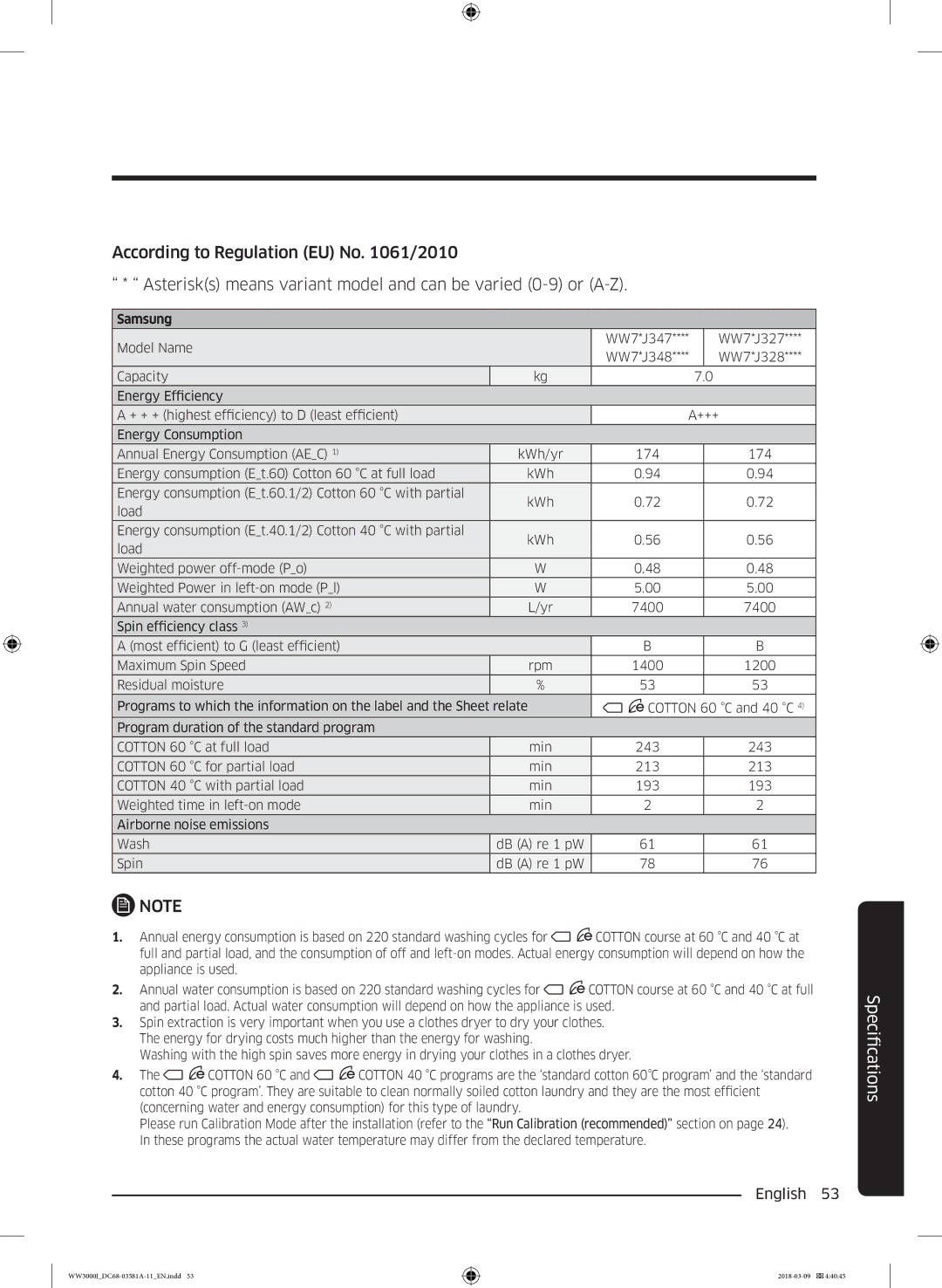 Samsung WW60J3080LW1LE manual FicationsSpeci 