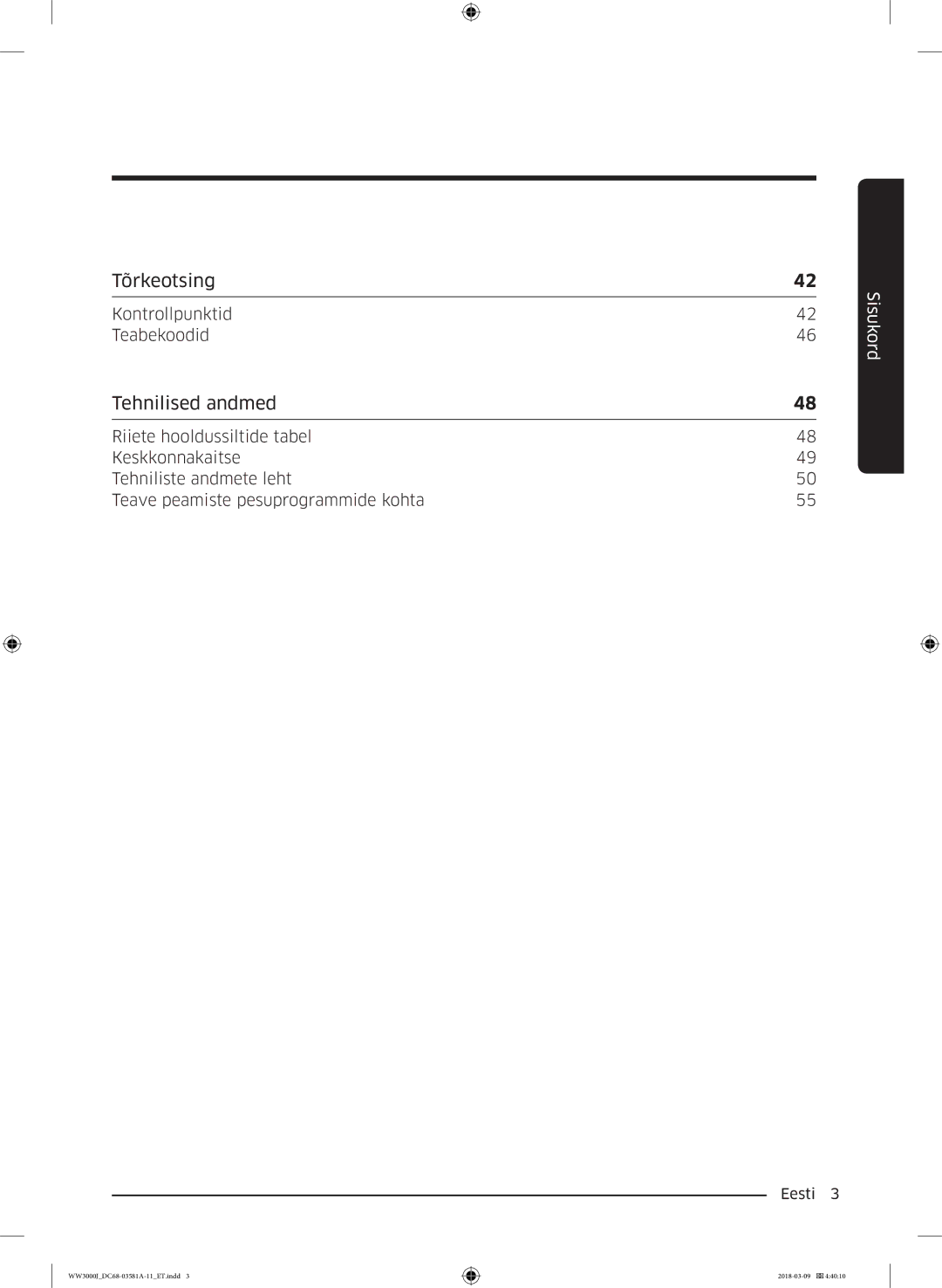 Samsung WW60J3080LW1LE manual Tõrkeotsing, Tehnilised andmed 