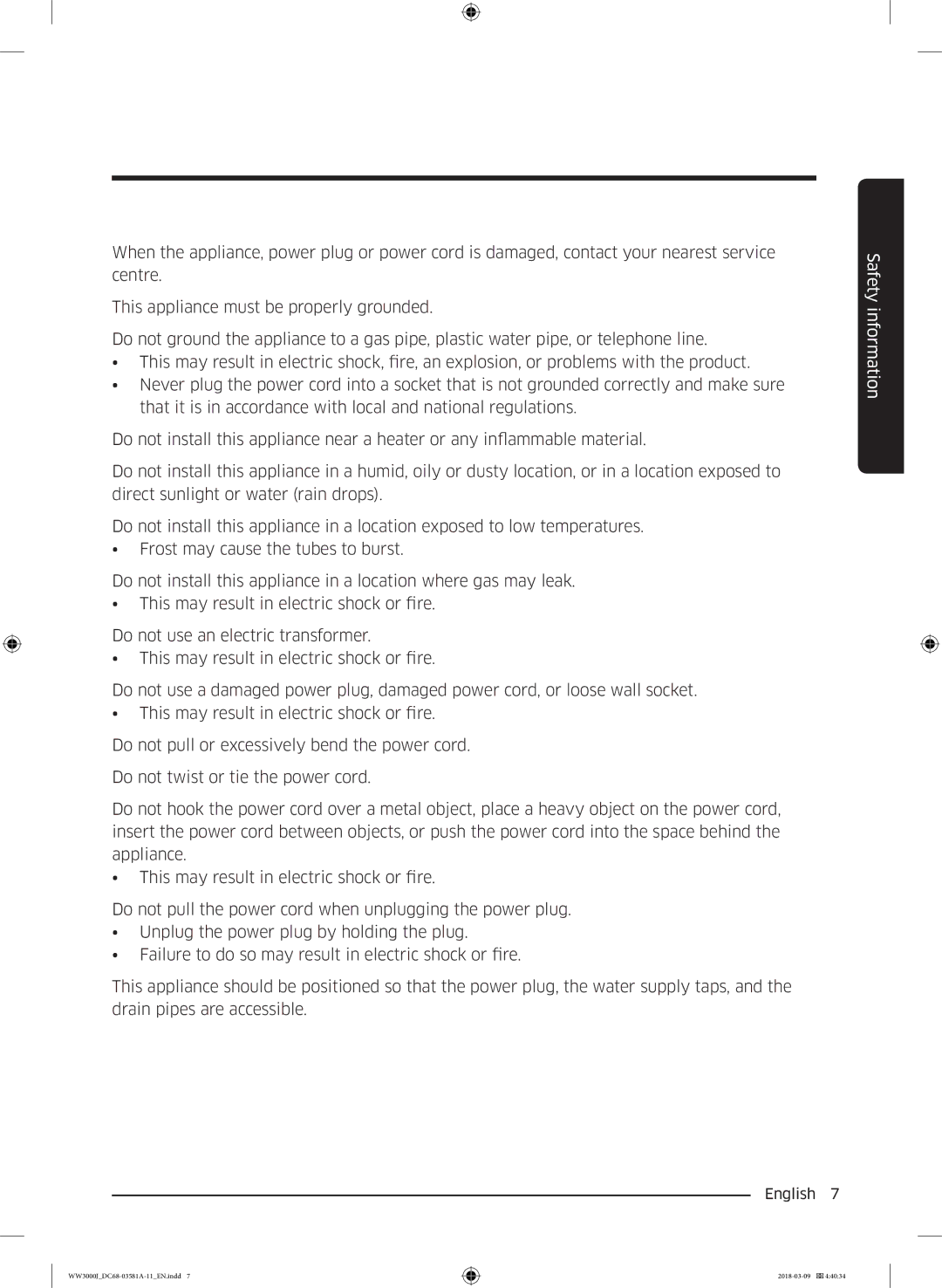 Samsung WW60J3080LW1LE manual Safety information 