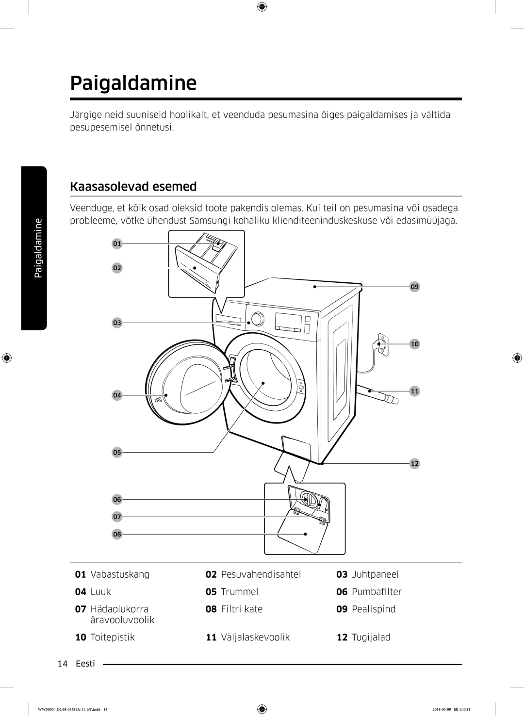 Samsung WW60J3080LW1LE manual Paigaldamine, Kaasasolevad esemed 