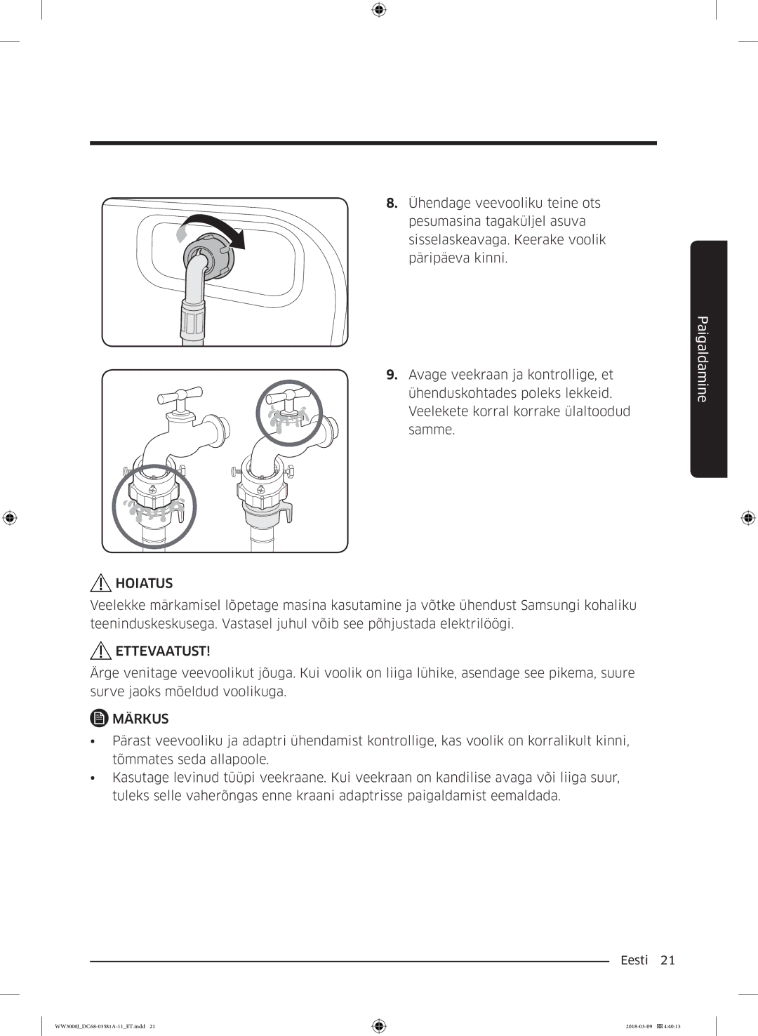 Samsung WW60J3080LW1LE manual Hoiatus 