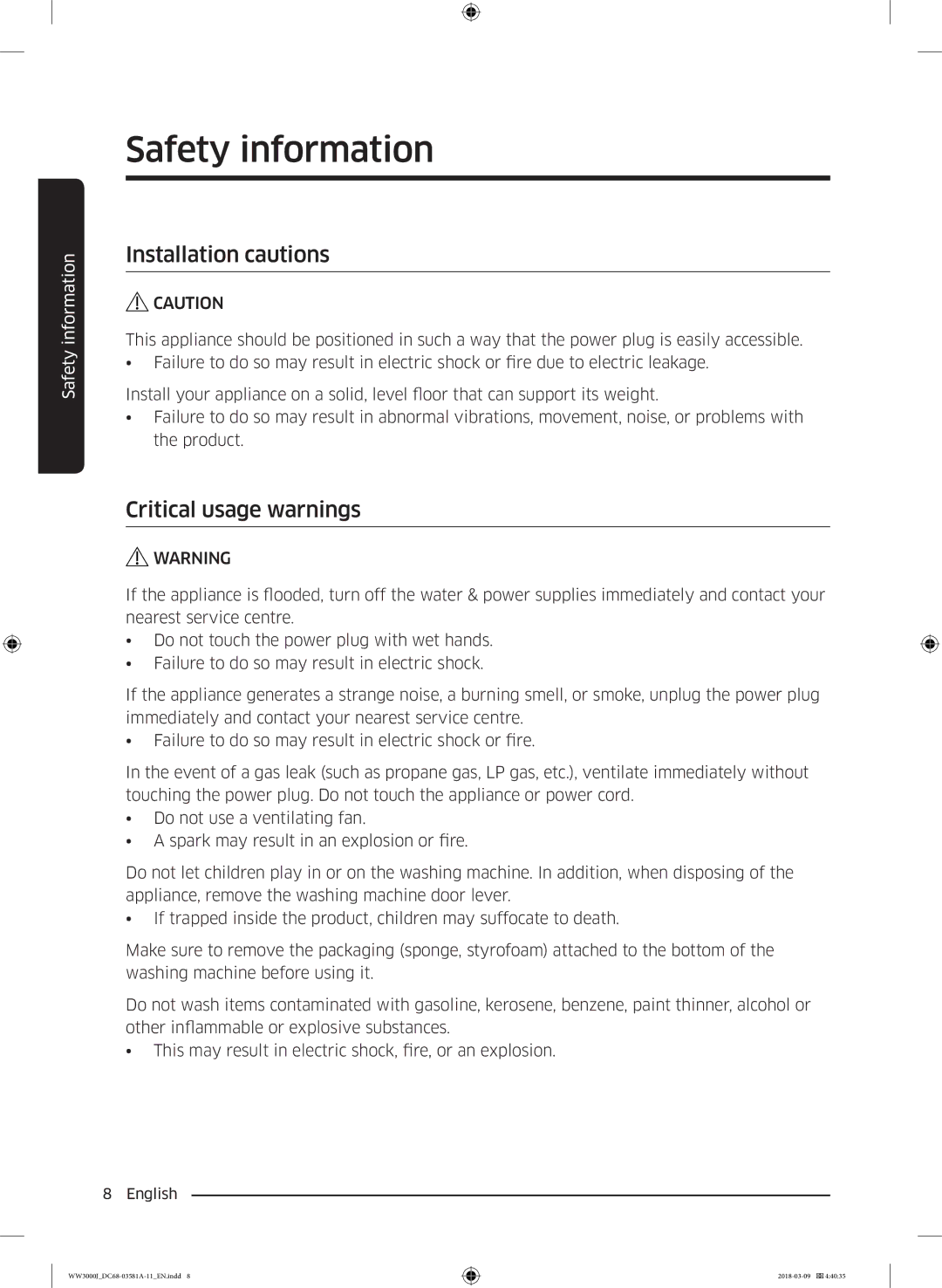 Samsung WW60J3080LW1LE manual Installation cautions, Critical usage warnings 