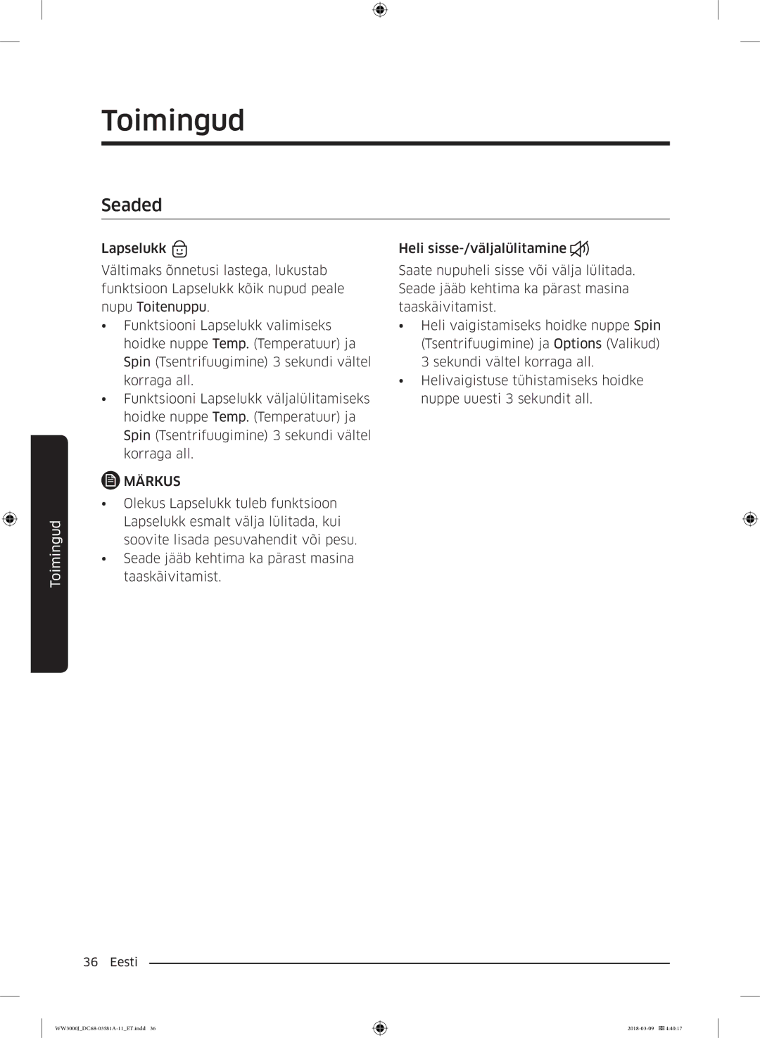 Samsung WW60J3080LW1LE manual Seaded, Märkus 