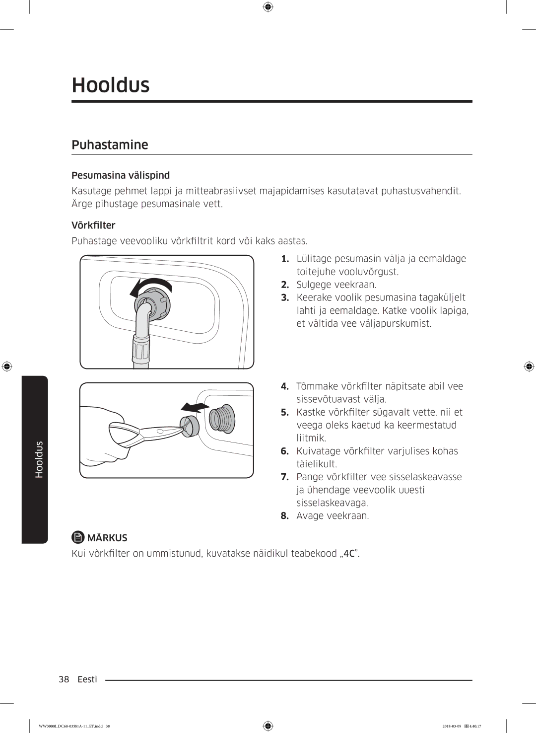 Samsung WW60J3080LW1LE manual Puhastamine 