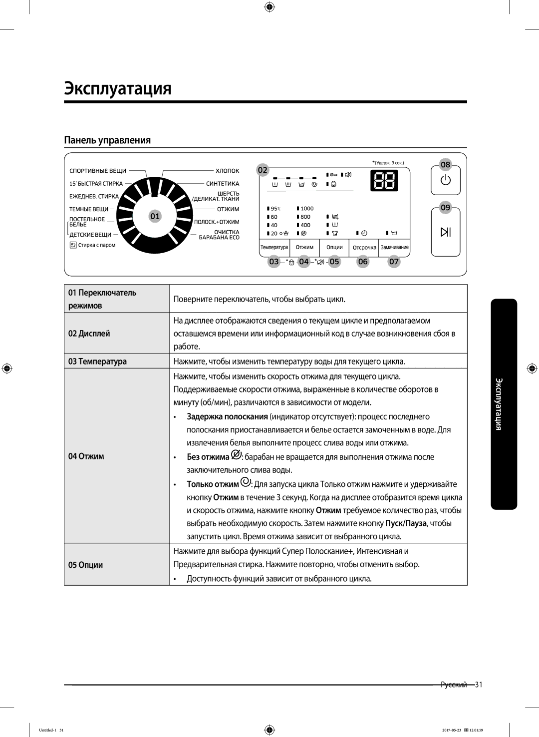 Samsung WW60J30G0LWDLP, WW60J30G03WDLP manual Эксплуатация, Панель управления 