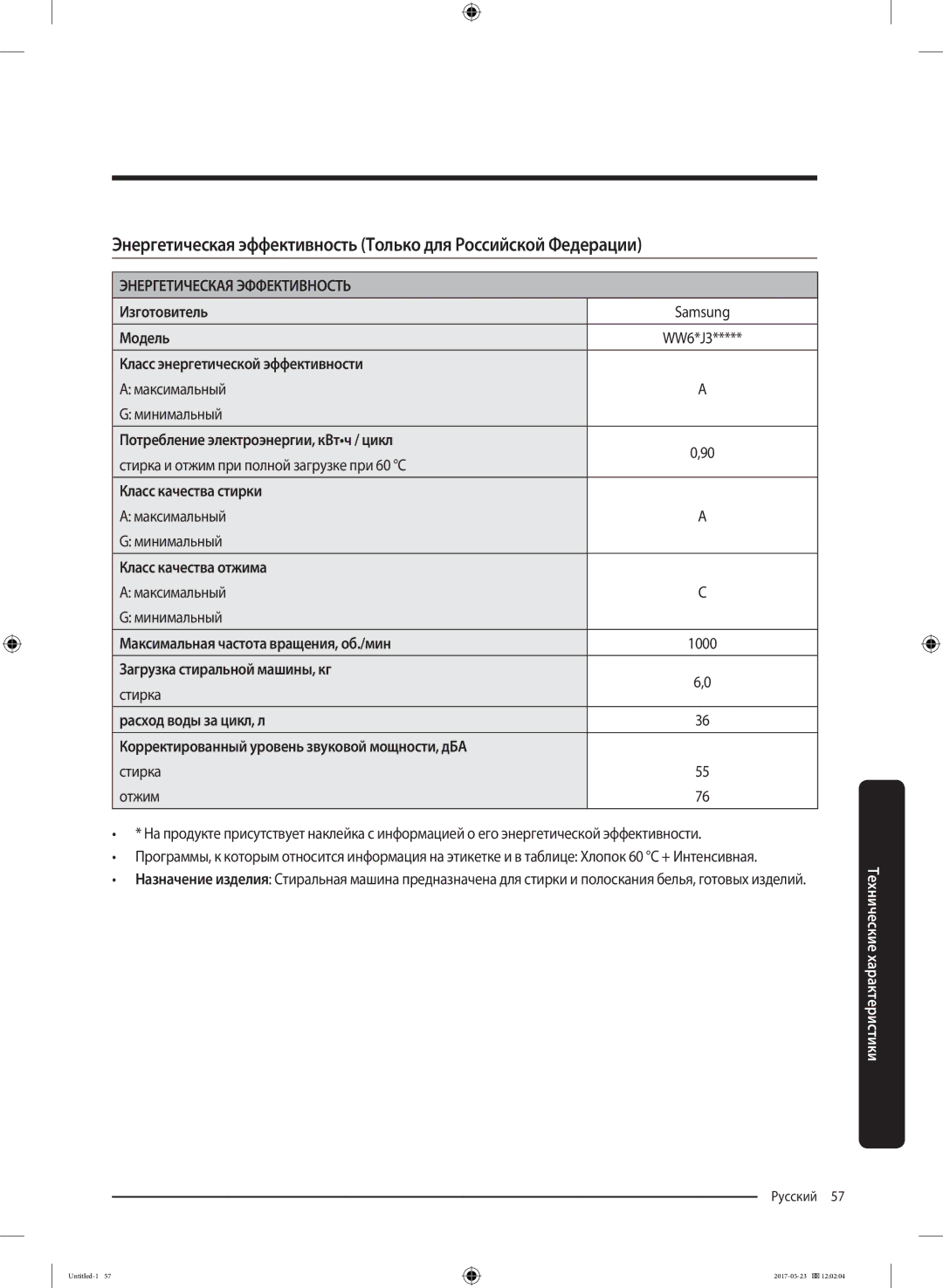 Samsung WW60J30G0LWDLP Изготовитель, Модель, Класс энергетической эффективности, Потребление электроэнергии, кВтч / цикл 