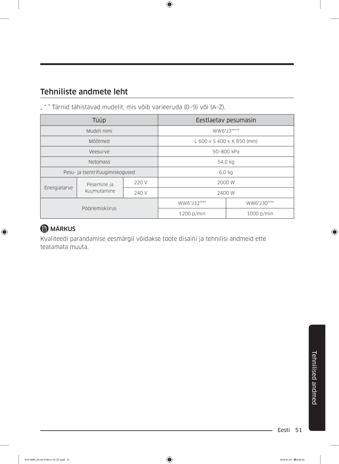 Samsung WW60J3280LW1LE manual Mudeli nimi WW6*J3 Mõõtmed S 400 x K 850 mm 