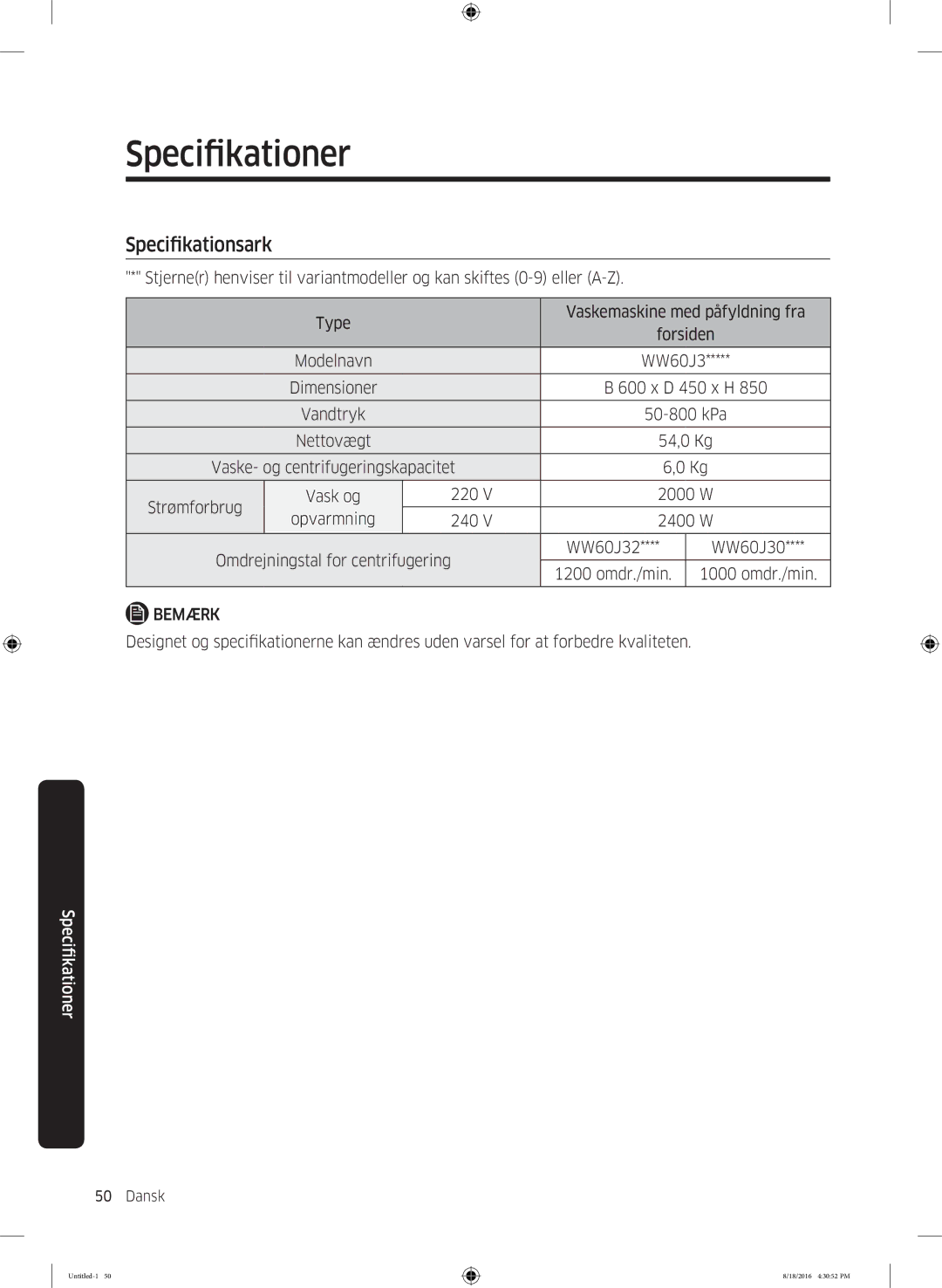 Samsung WW60J3283LW1EE manual Specifikationsark 