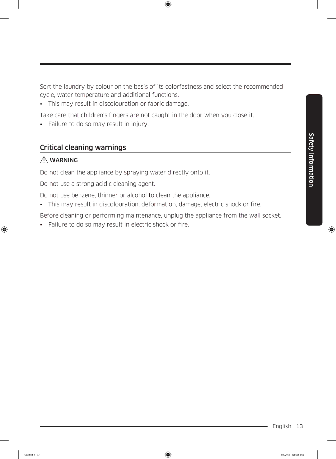 Samsung WW60J3283LW1EE manual Critical cleaning warnings 