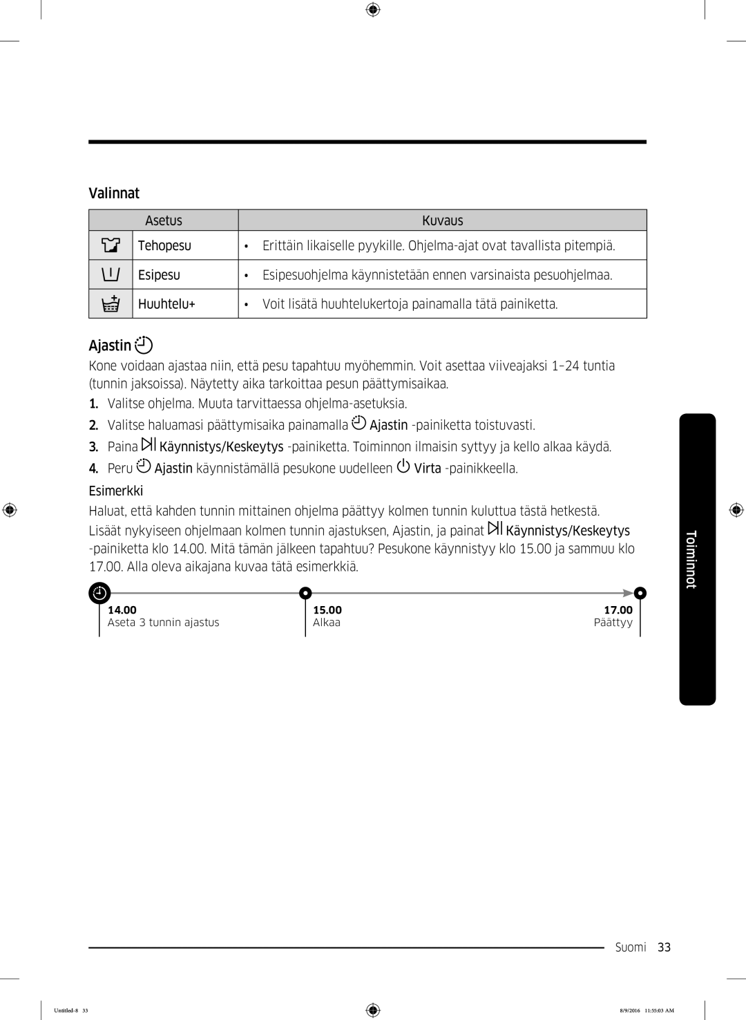 Samsung WW60J3283LW1EE manual Valinnat, Ajastin 