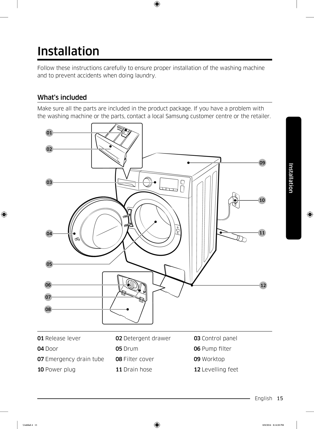 Samsung WW60J3283LW1EE manual Installation, What’s included 