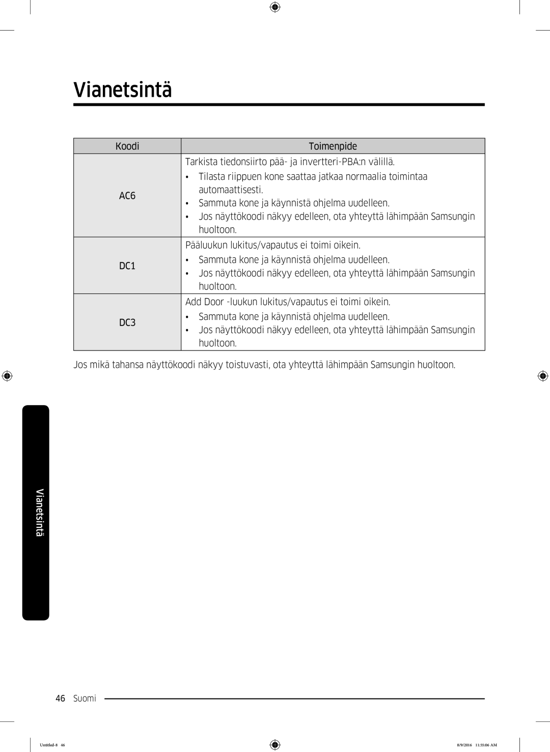 Samsung WW60J3283LW1EE manual Automaattisesti 