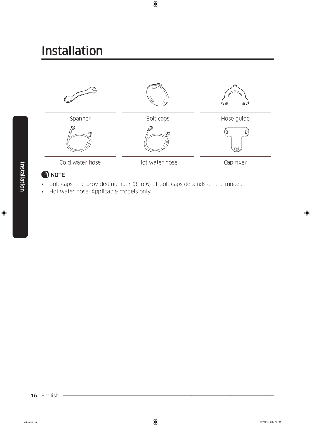 Samsung WW60J3283LW1EE manual Spanner Bolt caps Hose guide 