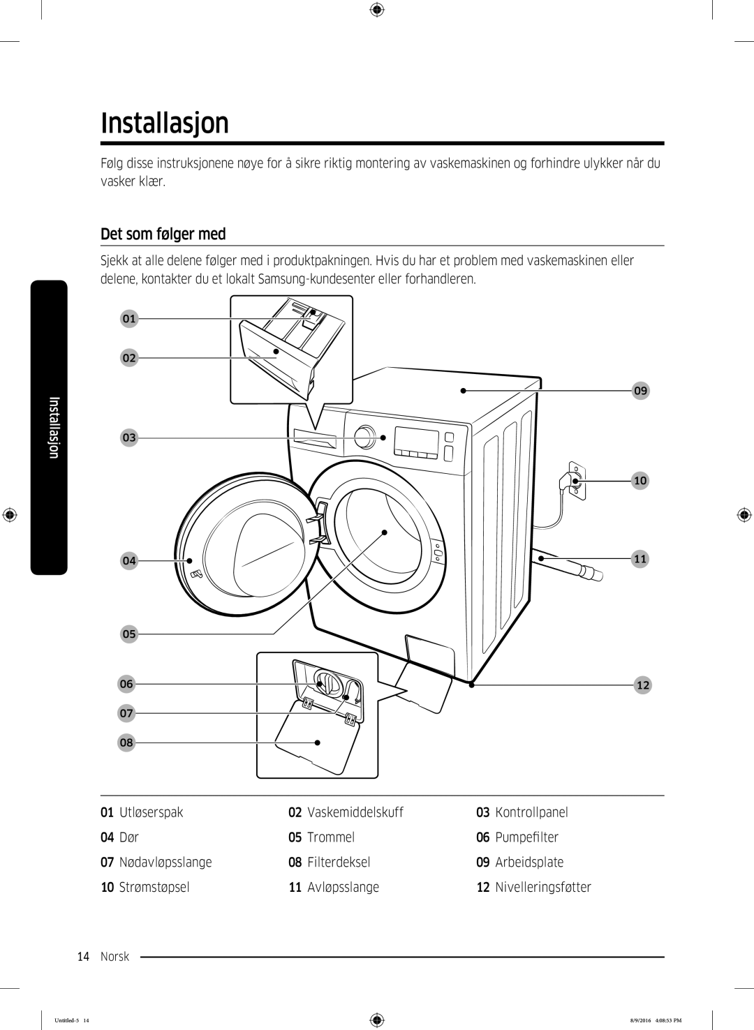 Samsung WW60J3283LW1EE manual Installasjon, Det som følger med 