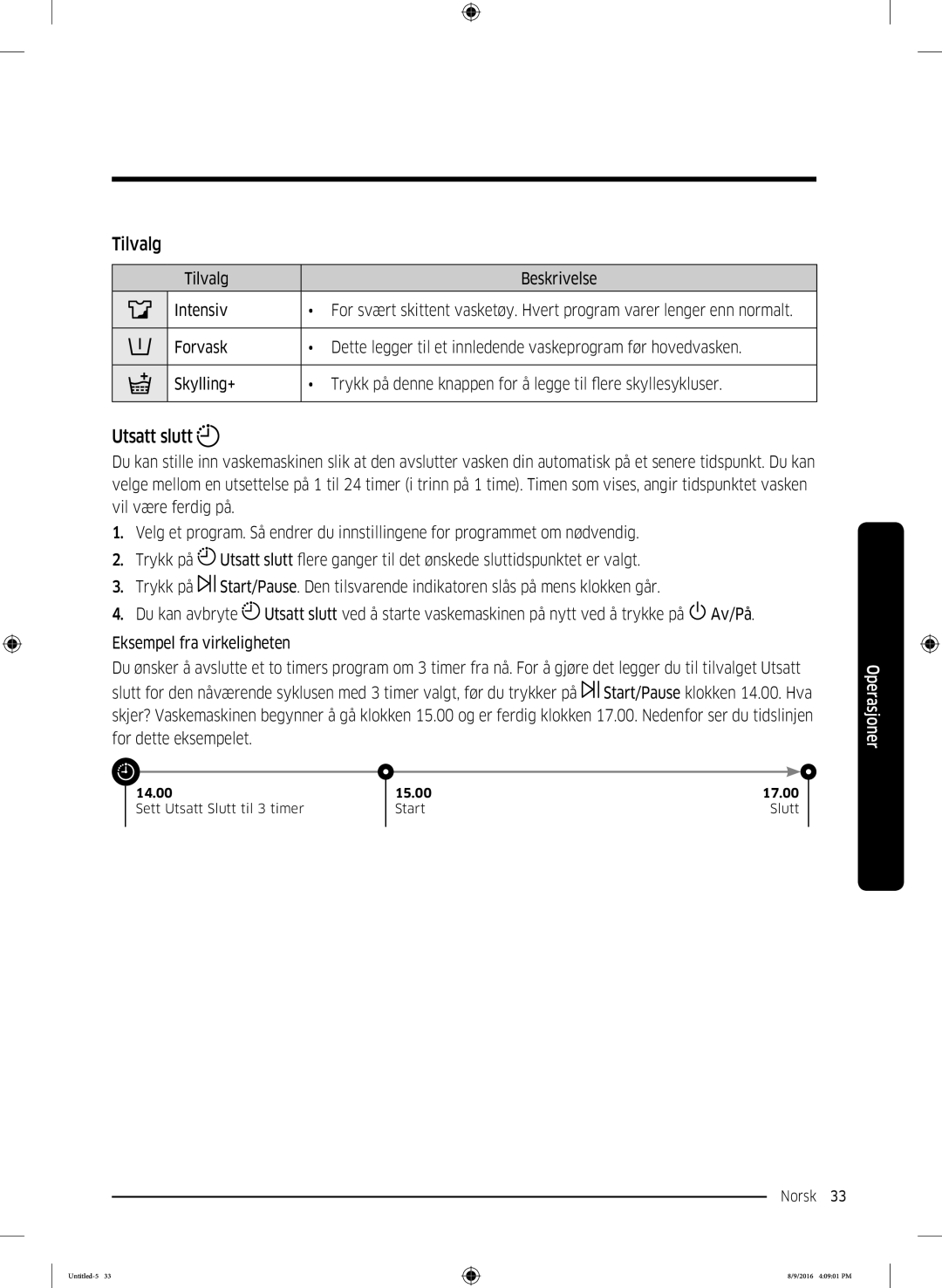 Samsung WW60J3283LW1EE manual Tilvalg, Utsatt slutt 