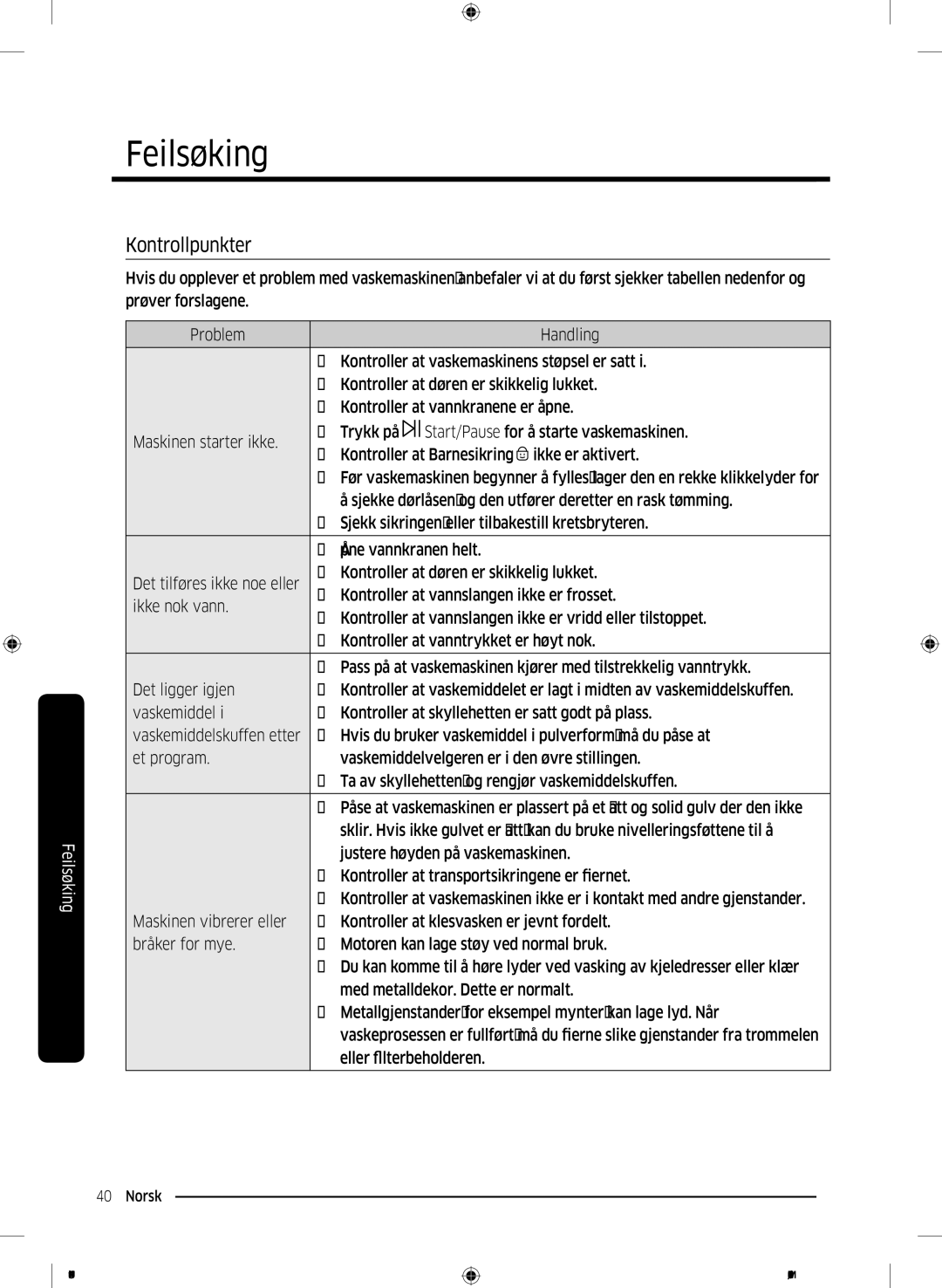 Samsung WW60J3283LW1EE manual Feilsøking, Kontrollpunkter 