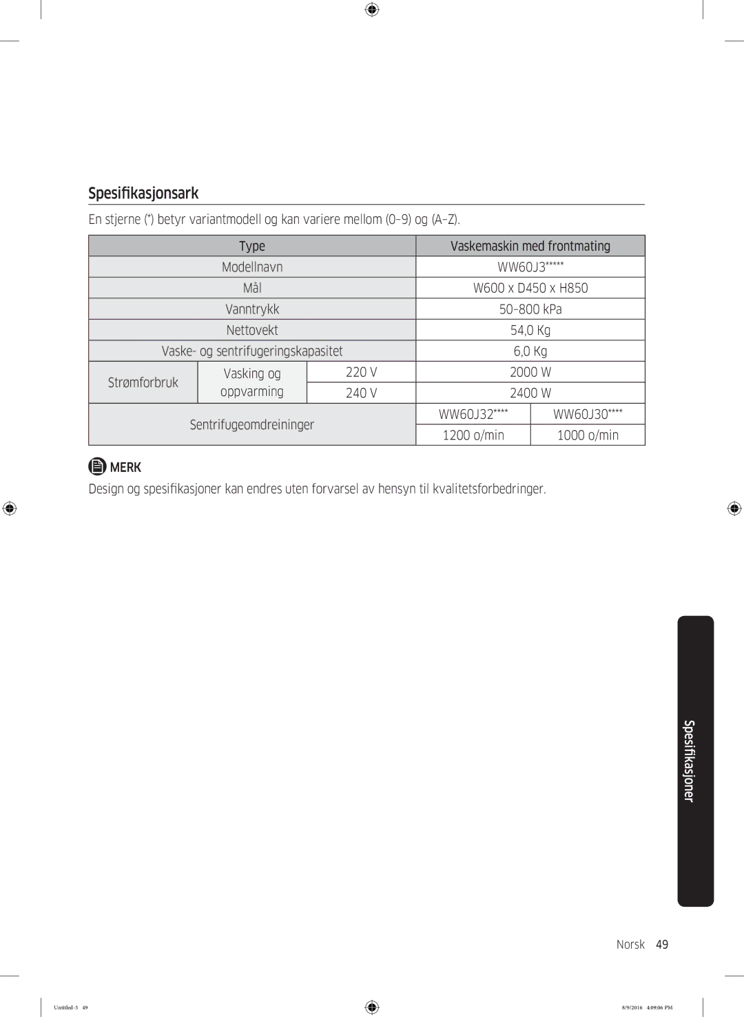 Samsung WW60J3283LW1EE manual Spesifikasjonsark 