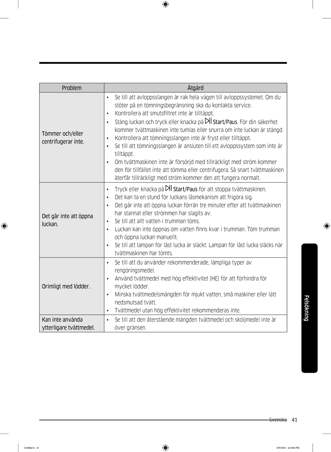 Samsung WW60J3283LW1EE manual Start/Paus. För din säkerhet 