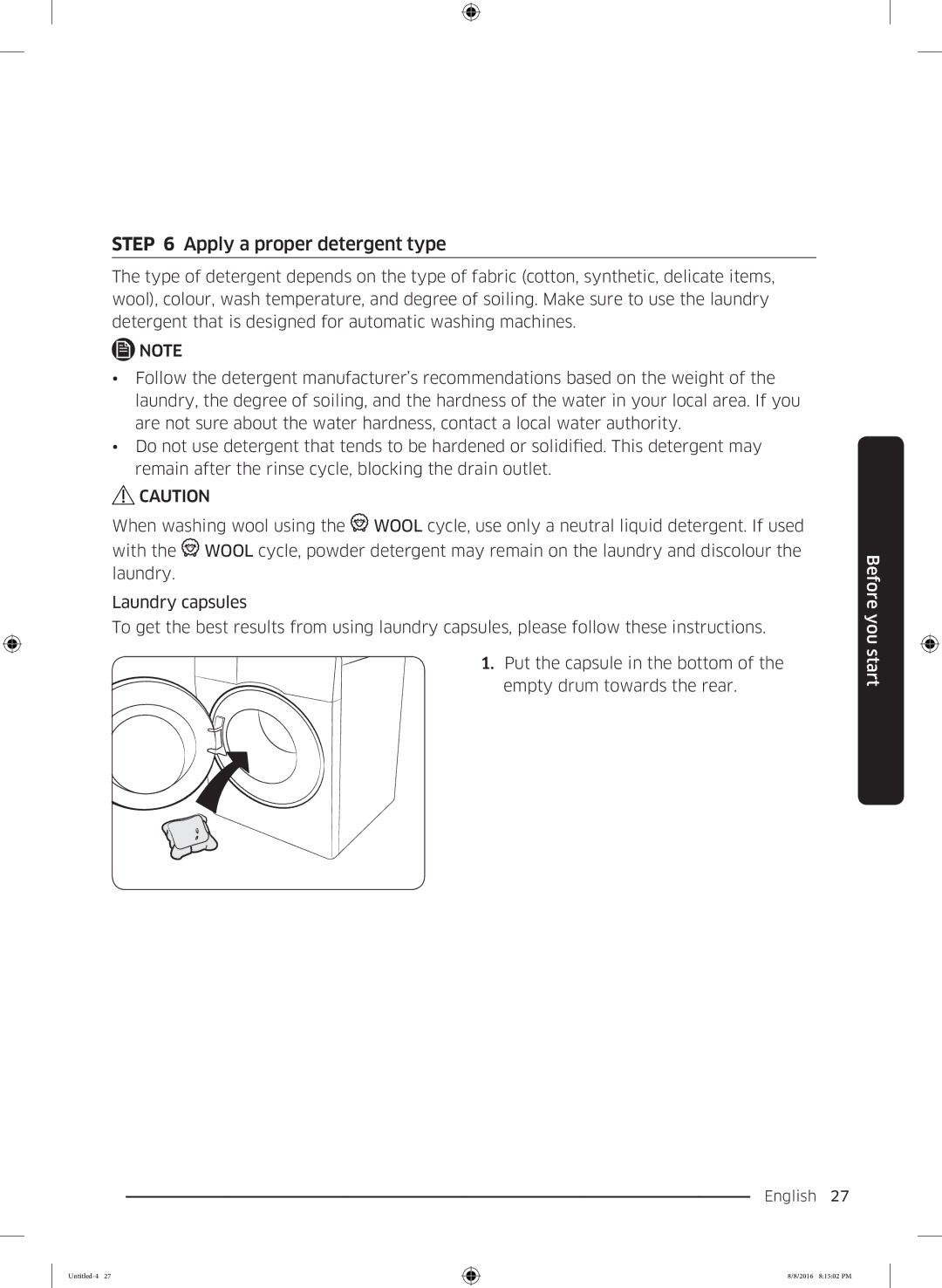 Samsung WW60J3283LW1EE manual Apply a proper detergent type 