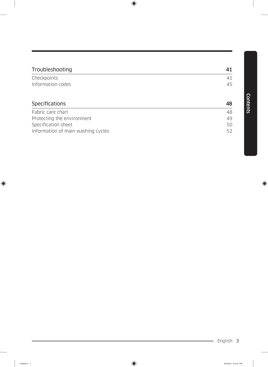 Samsung WW60J3283LW1EE manual Troubleshooting, Specifications 