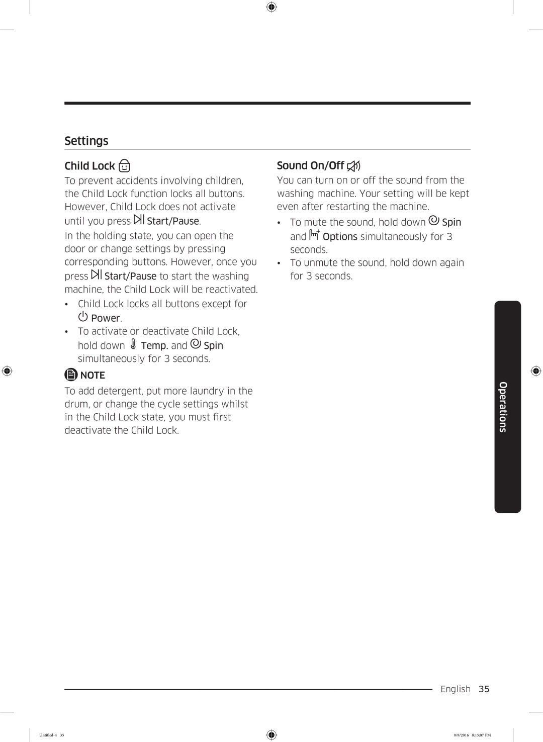 Samsung WW60J3283LW1EE manual Settings, Child Lock, Sound On/Off 