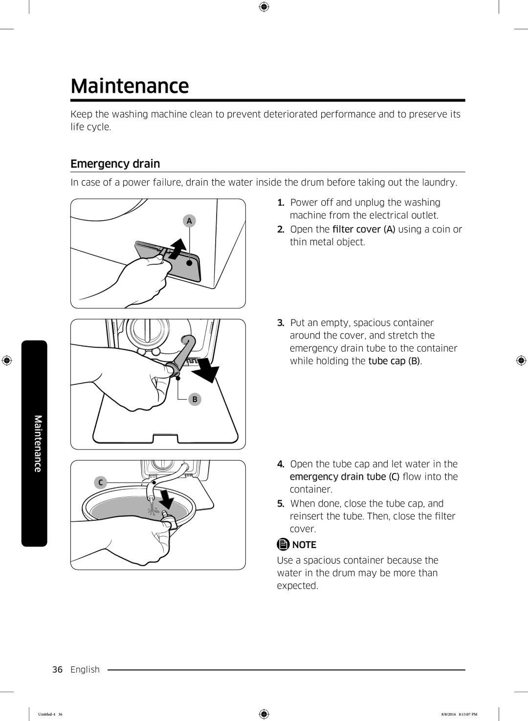 Samsung WW60J3283LW1EE manual Maintenance, Emergency drain 