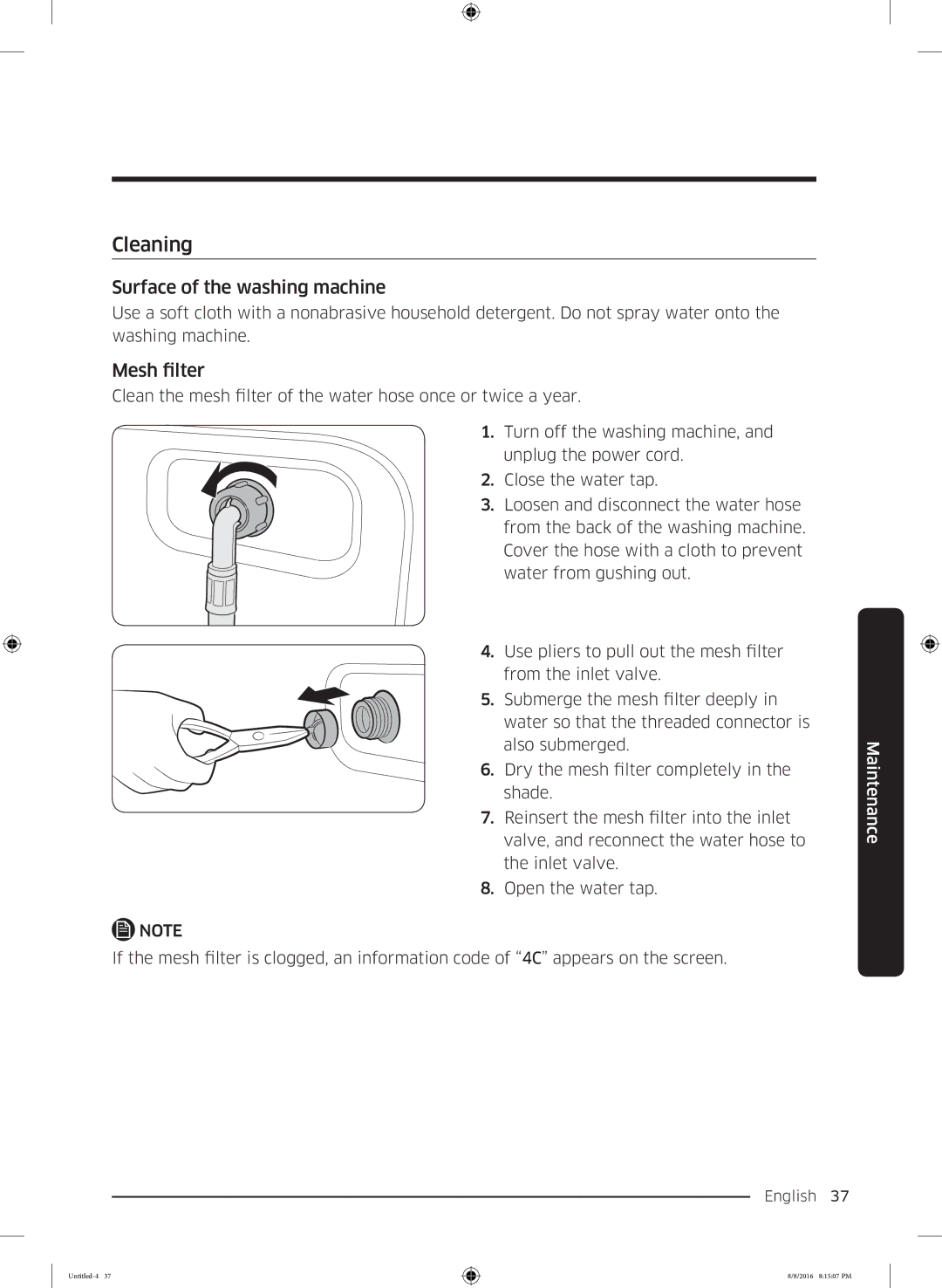 Samsung WW60J3283LW1EE manual Cleaning, Surface of the washing machine, Mesh filter 