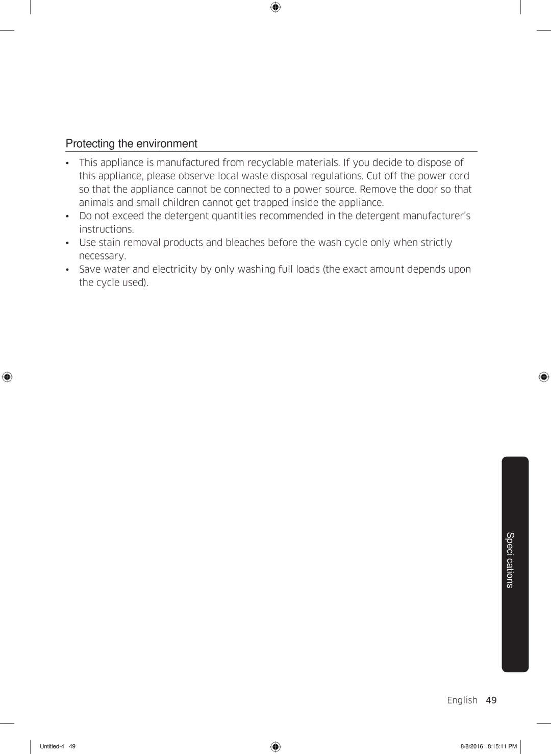 Samsung WW60J3283LW1EE manual Protecting the environment 