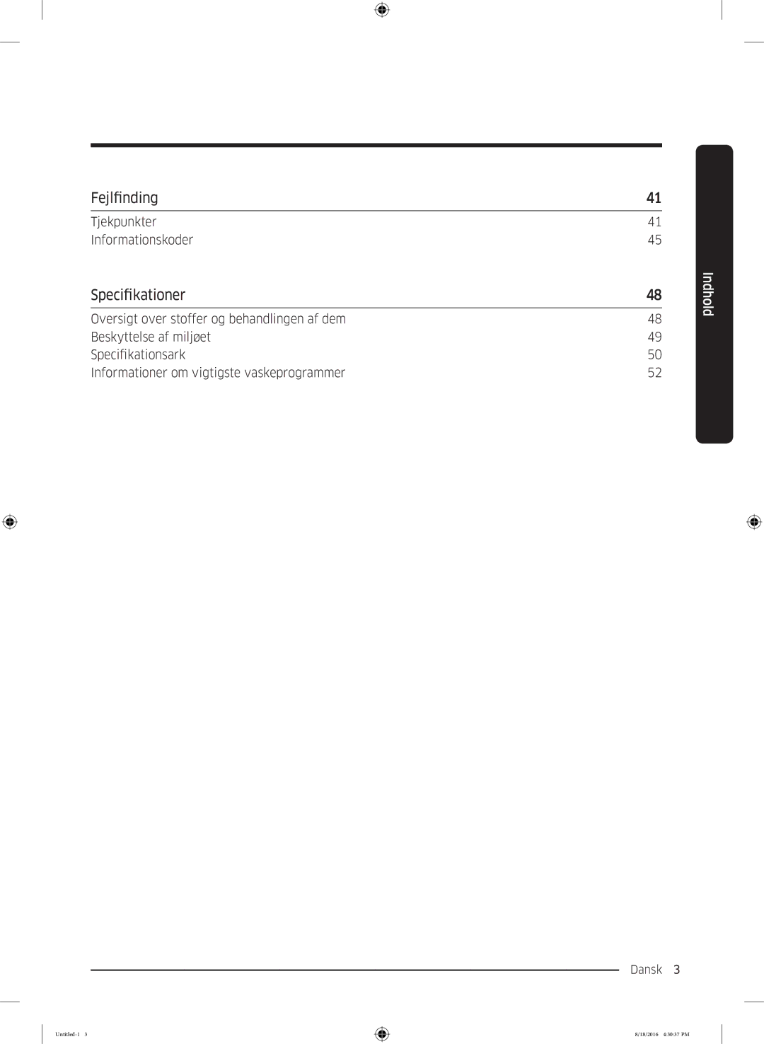 Samsung WW60J3283LW1EE manual Fejlfinding, Specifikationer 