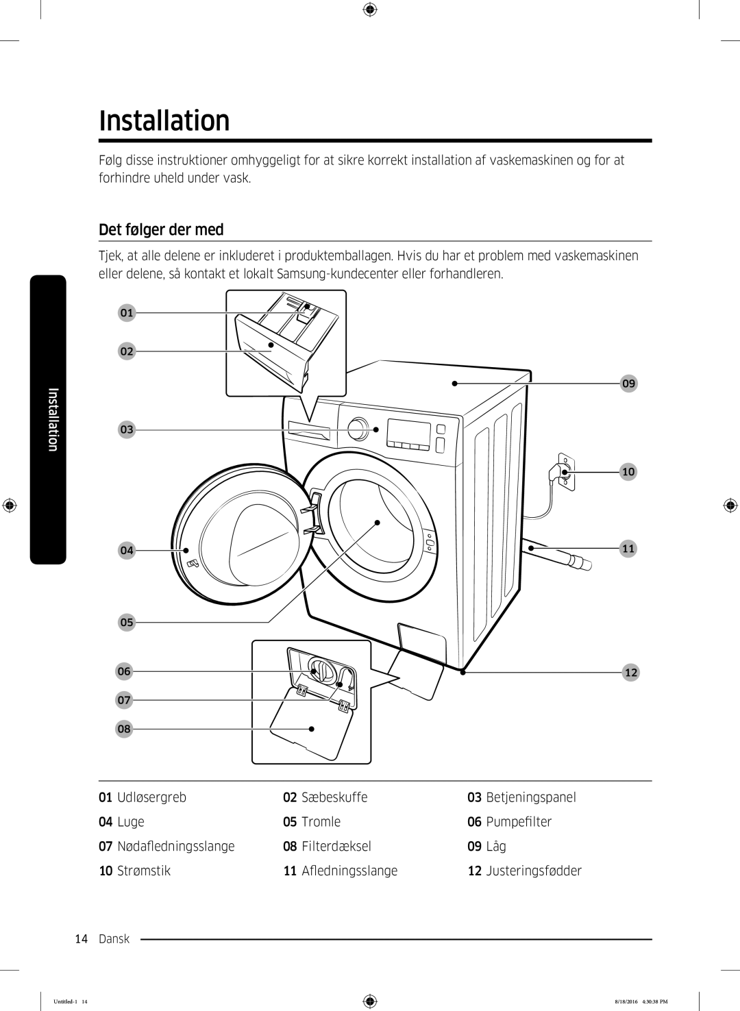 Samsung WW60J3283LW1EE manual Installation, Det følger der med 