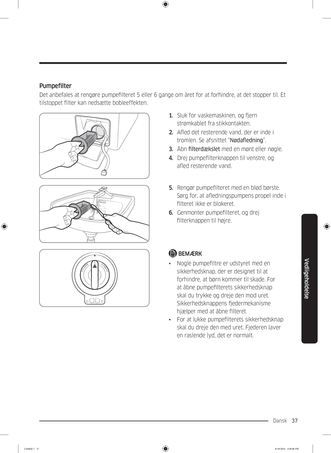 Samsung WW60J3283LW1EE manual Pumpefilter 