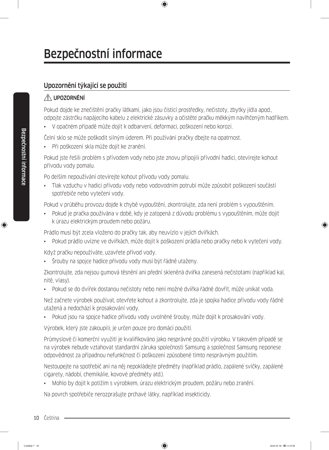 Samsung WW60J4060LW1ZE manual Upozornění týkající se použití 