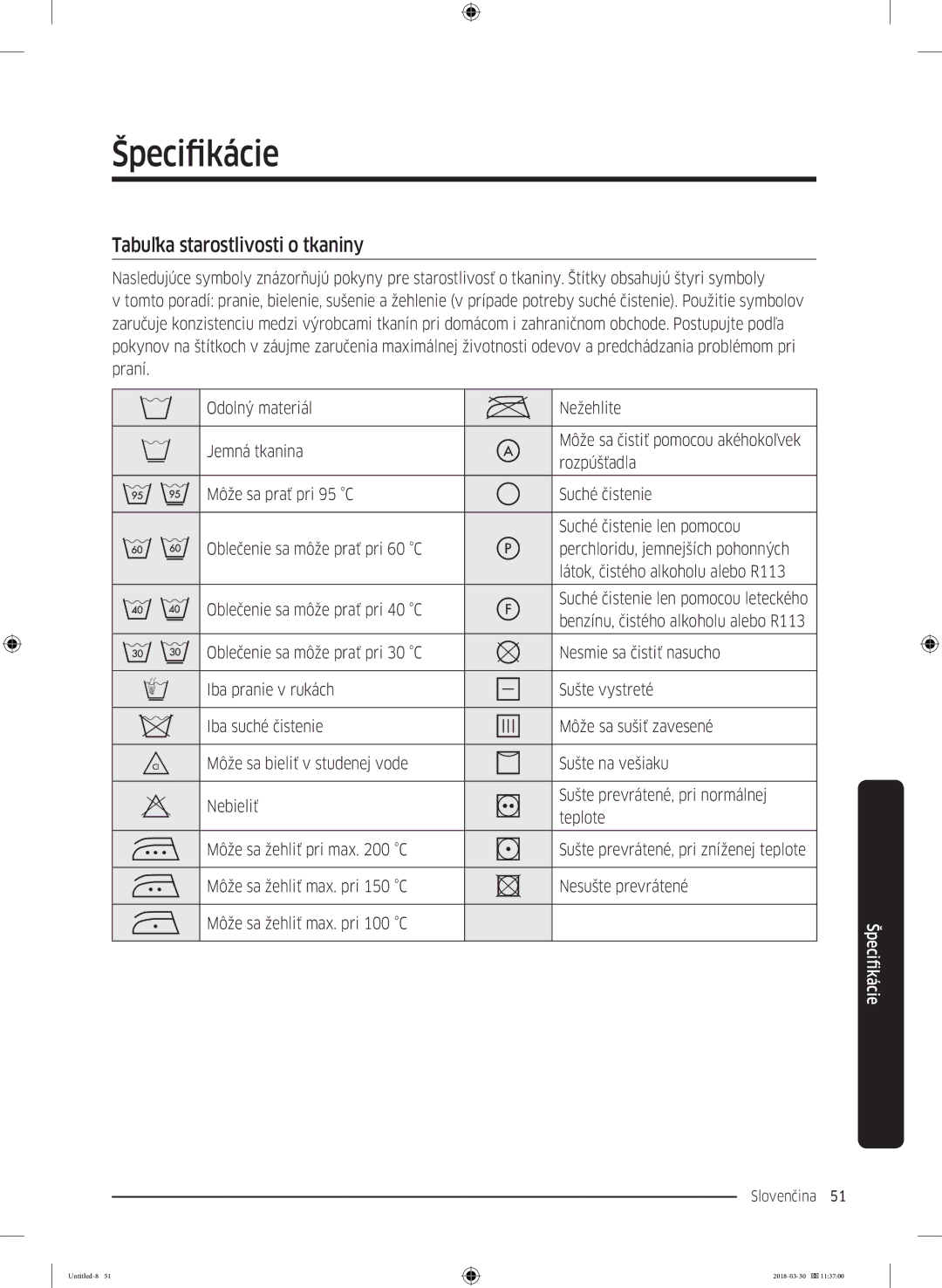 Samsung WW60J4060LW1ZE manual Špecifikácie, Tabuľka starostlivosti o tkaniny 