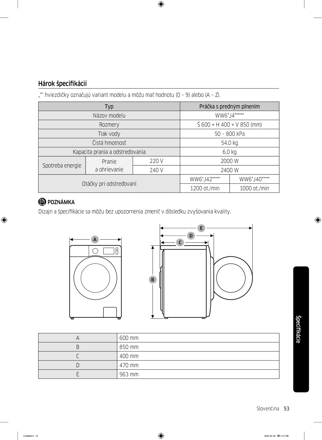 Samsung WW60J4060LW1ZE manual Hárok špecifikácií 