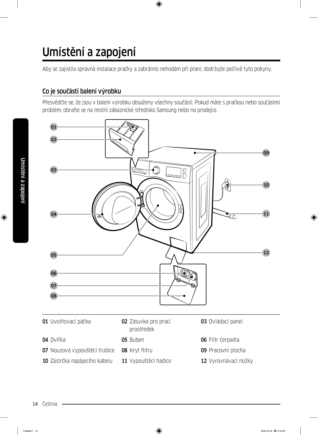 Samsung WW60J4060LW1ZE manual Umístění a zapojení, Co je součástí balení výrobku 