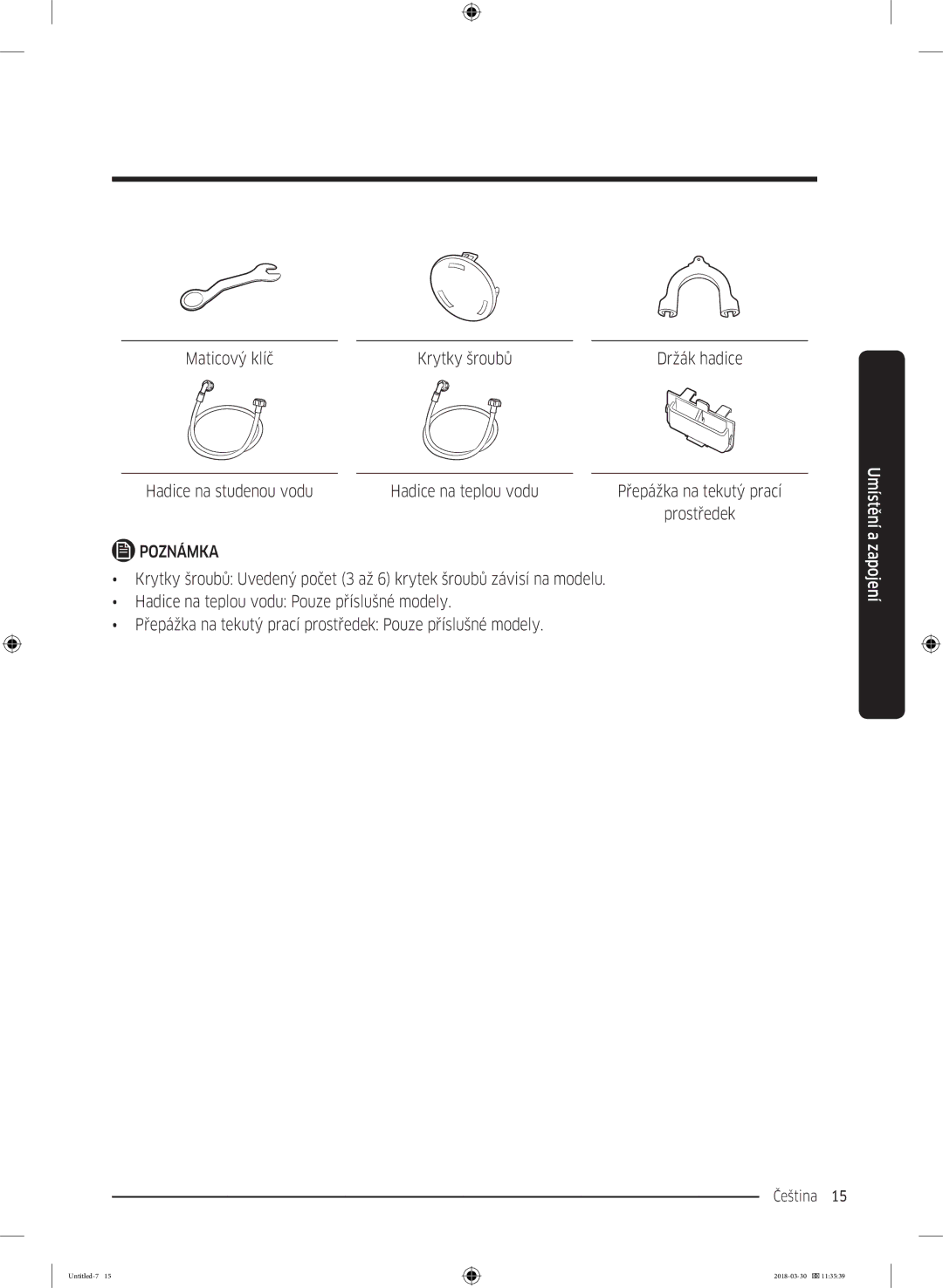 Samsung WW60J4060LW1ZE manual Maticový klíč Krytky šroubů 