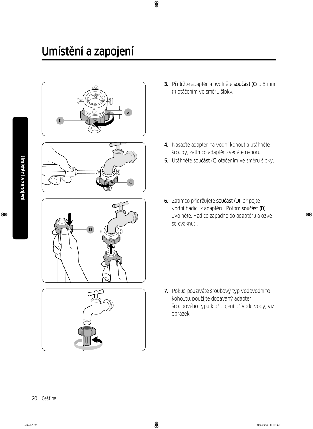 Samsung WW60J4060LW1ZE manual Šrouby, zatímco adaptér zvedáte nahoru 