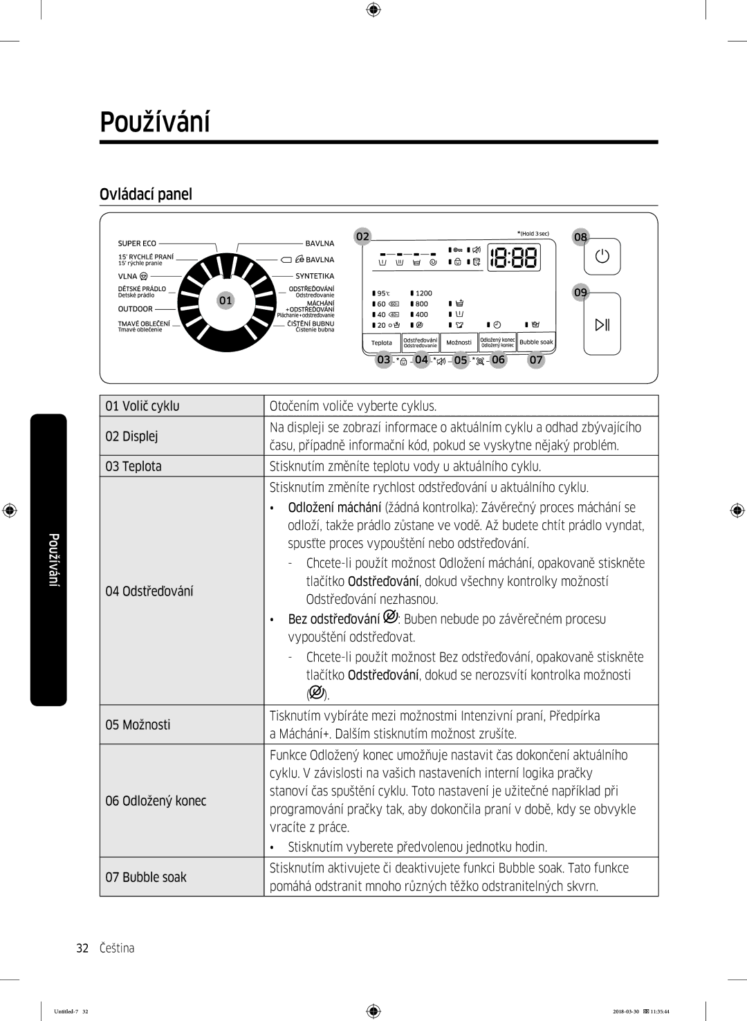 Samsung WW60J4060LW1ZE manual Používání, Ovládací panel 