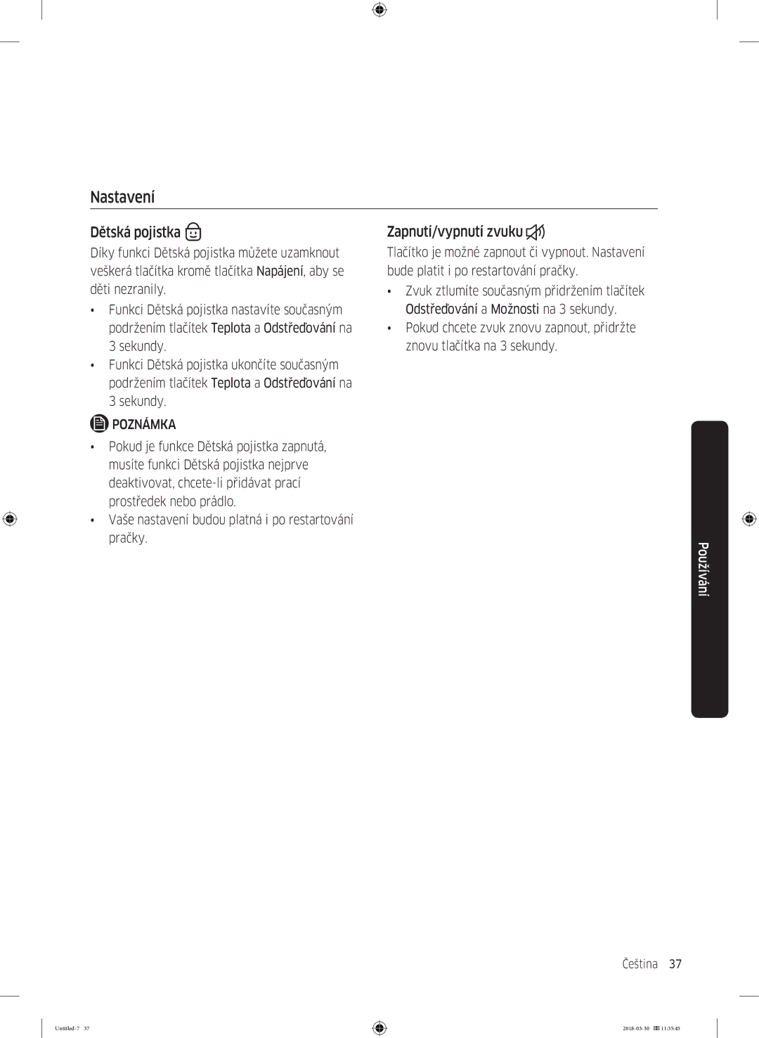 Samsung WW60J4060LW1ZE manual Nastavení, Dětská pojistka, Zapnutí/vypnutí zvuku 