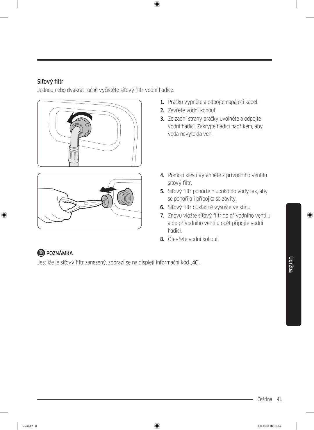 Samsung WW60J4060LW1ZE manual Síťový filtr 