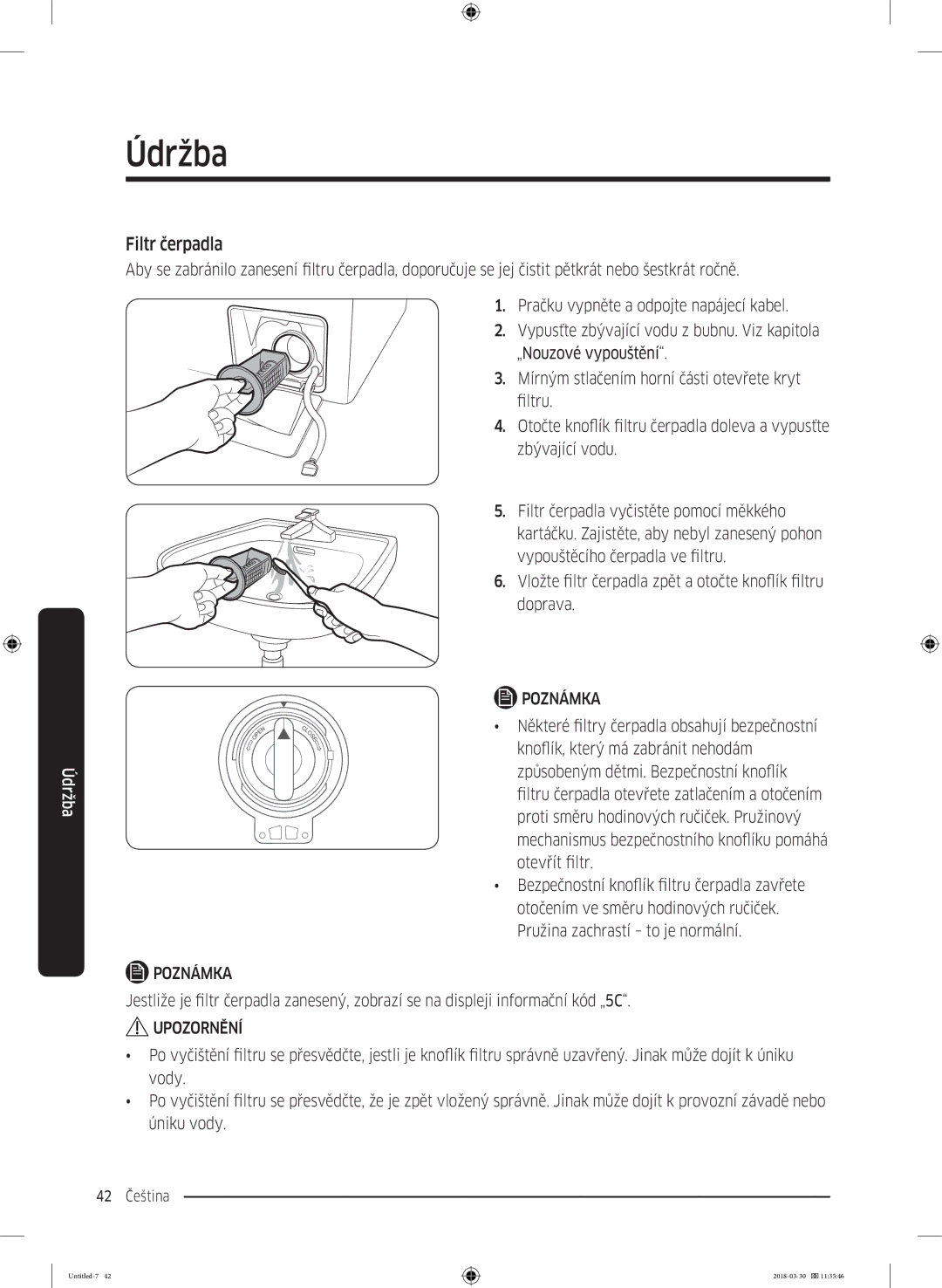 Samsung WW60J4060LW1ZE manual Filtr čerpadla 