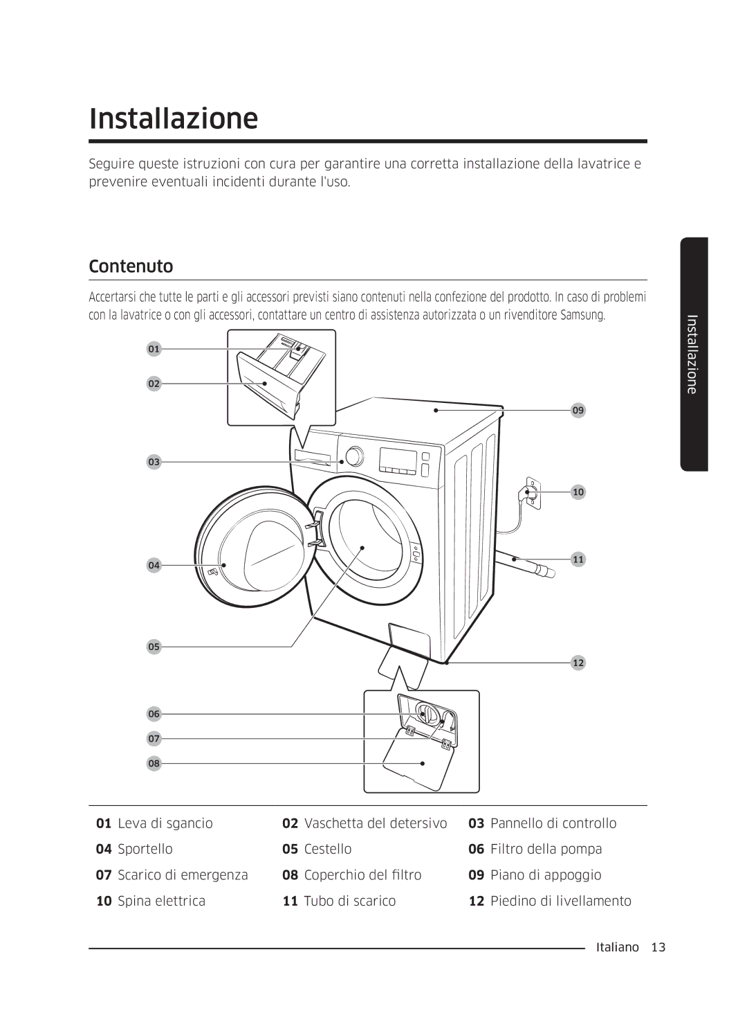 Samsung WW60J4260JW/ET, WW60J4060LW/ET, WW60J4210JW/ET manual Installazione, Contenuto 