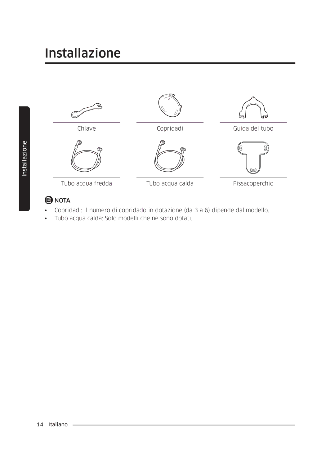 Samsung WW60J4210JW/ET, WW60J4060LW/ET, WW60J4260JW/ET manual Chiave Copridadi Guida del tubo 