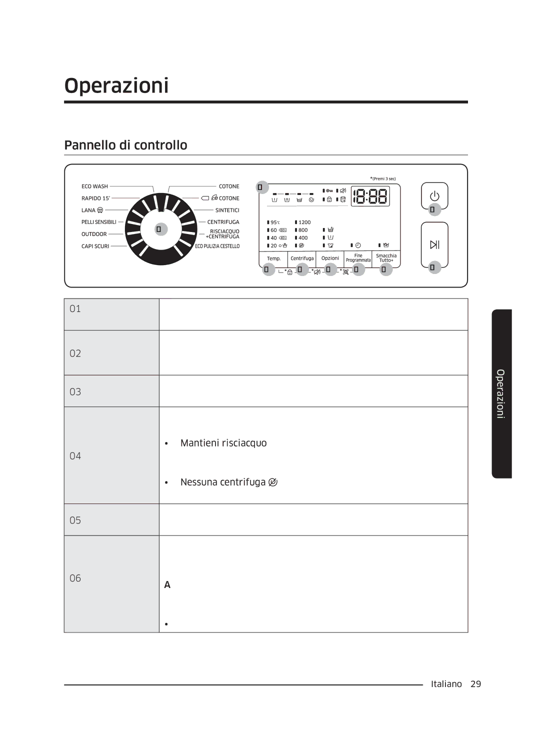 Samsung WW60J4210JW/ET, WW60J4060LW/ET, WW60J4260JW/ET manual Operazioni, Pannello di controllo 