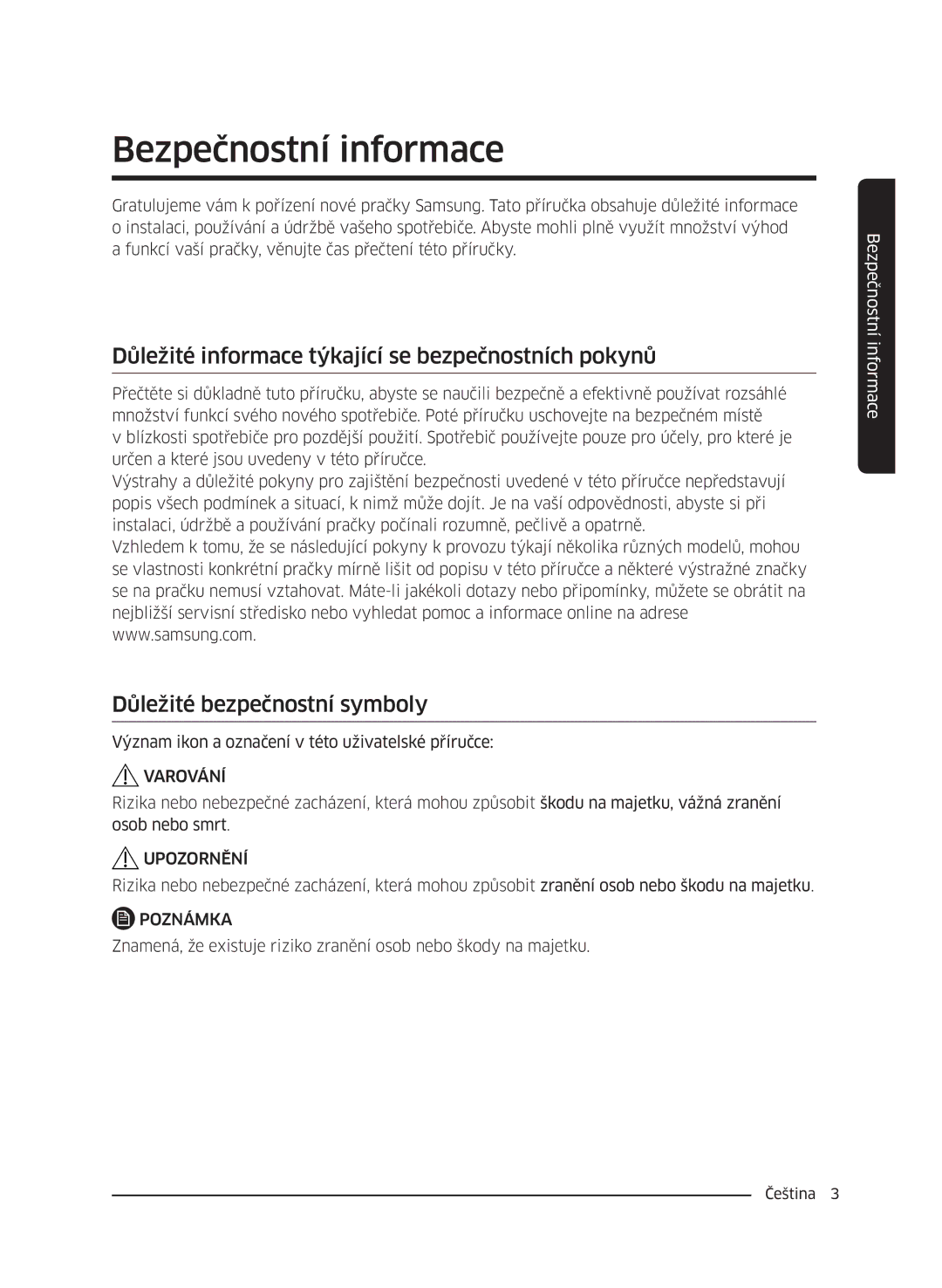 Samsung WW60J4260JW/ZE, WW60J42102W/ZE manual Bezpečnostní informace, Důležité informace týkající se bezpečnostních pokynů 