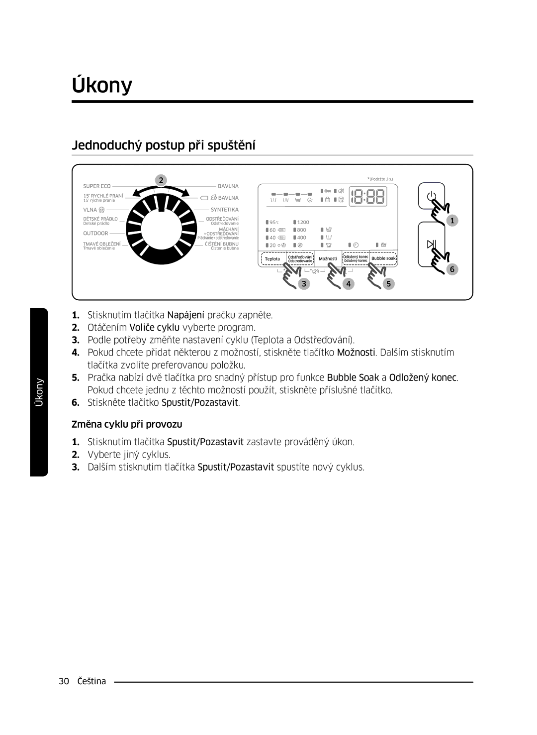 Samsung WW60J4210LW/ZE, WW60J42102W/ZE, WW60J4060LW/ZE, WW60J4260JW/ZE, WW60J42602W/ZE manual Jednoduchý postup při spuštění 