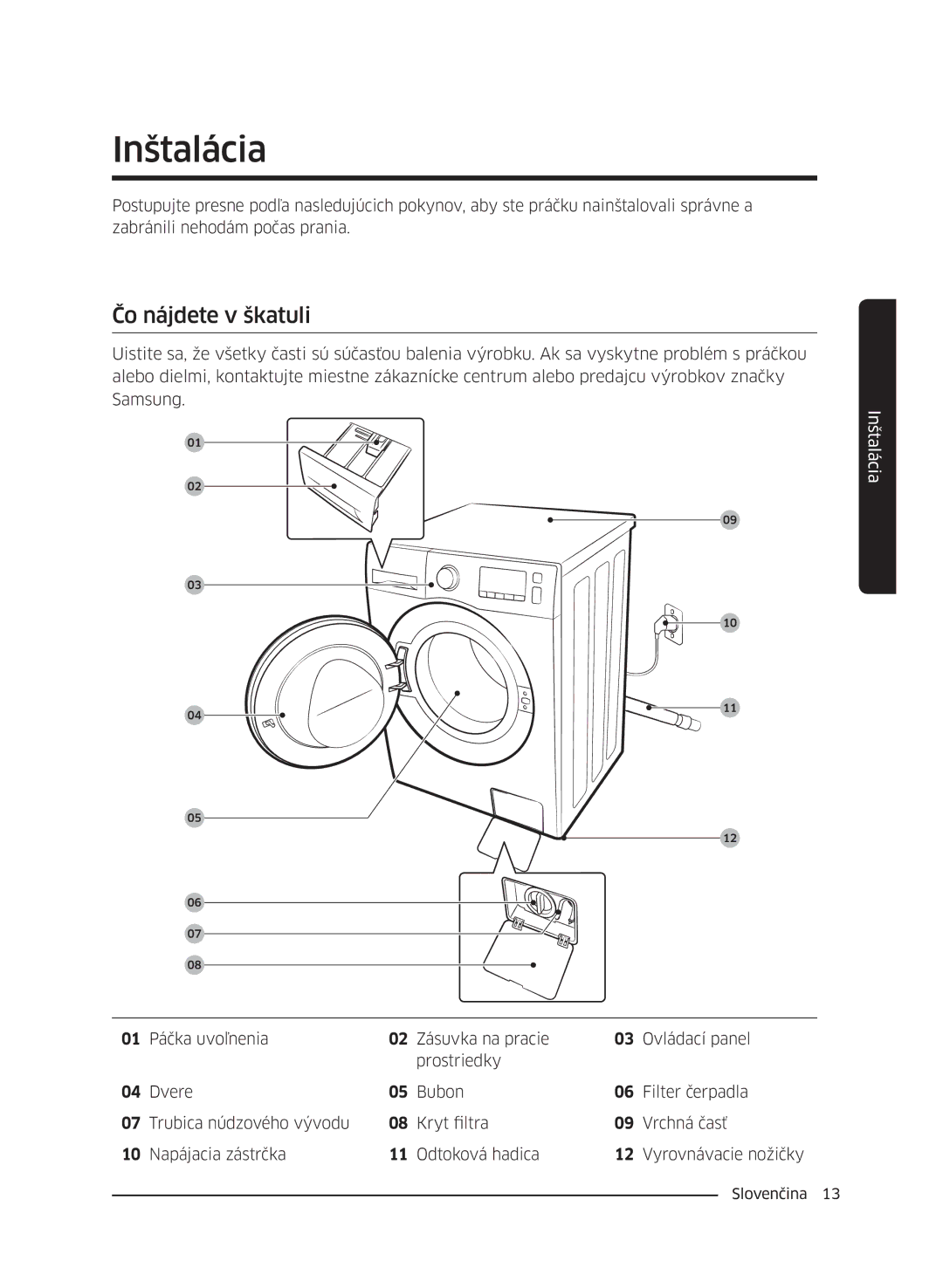 Samsung WW60J4210HW/ZE, WW60J42102W/ZE, WW60J4060LW/ZE, WW60J4210LW/ZE, WW60J4260JW/ZE manual Inštalácia, Čo nájdete v škatuli 