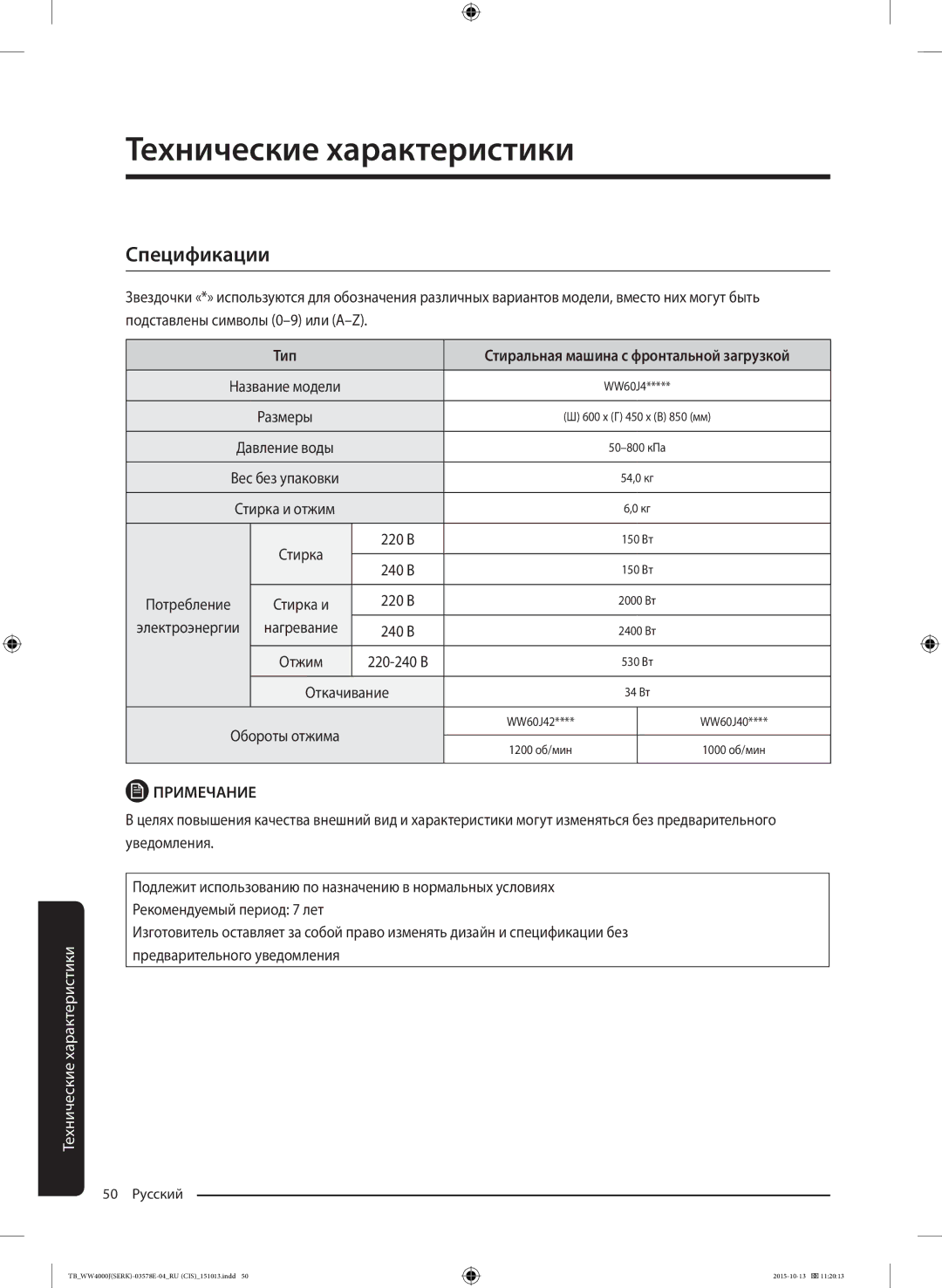 Samsung WW60J4247JWDLP, WW60J4243HWDLP, WW60J4243NWDLP manual Спецификации, Тип, Электроэнергии Нагревание, Откачивание 